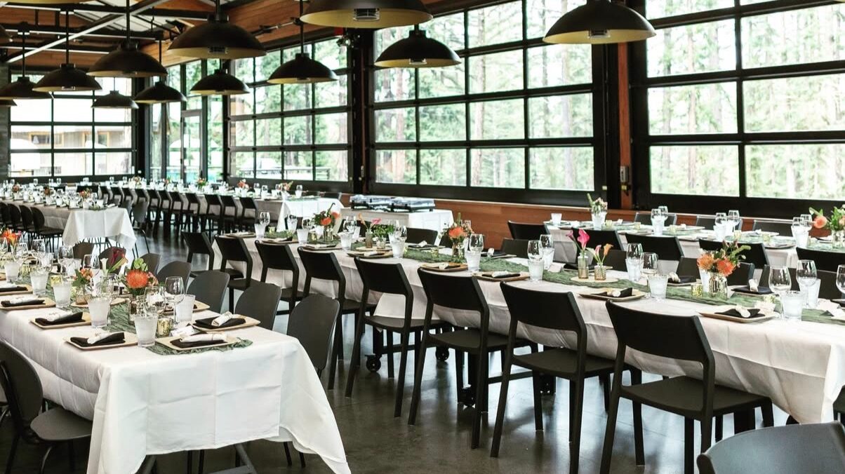 Table decor set up for a wedding dinner in Forest Commons.