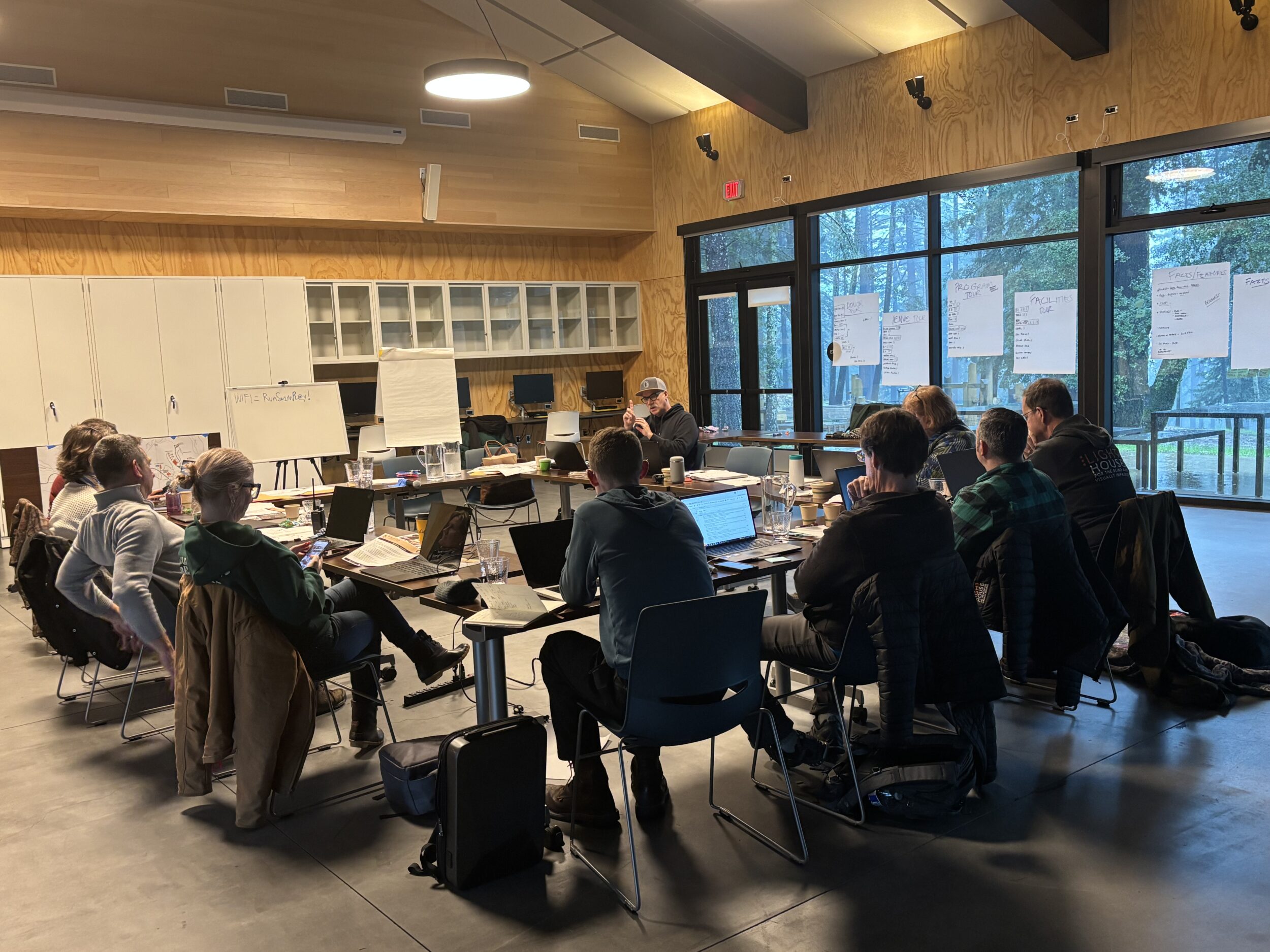 A team having a meeting in the Blindness Training Center.